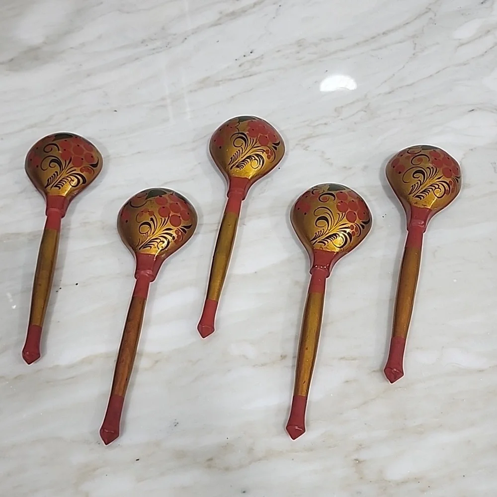 Set of 2 Vintage Russian Khokhloma Wooden Spoons - Picture 2 of 2